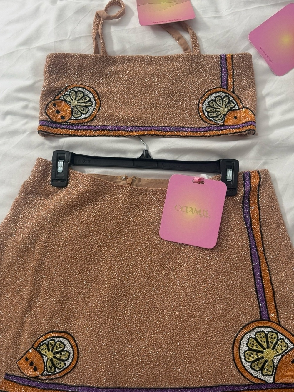 OCEANUS Beaded Citrus Two-Piece Crop Top & Mini Skirt Set - Peach.